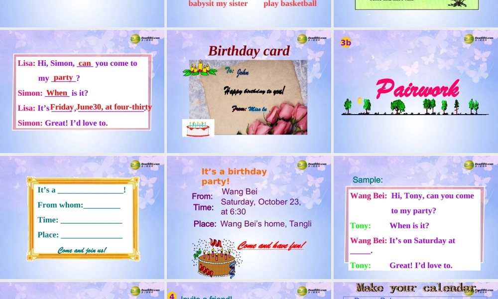 八年级英语上册(Unit 5 Can you come to my party Section B-P2)课件 人教新目标版 课件