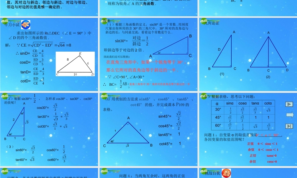 九年级数学上册 212锐角的三角函数值 课件 北京教改版 课件