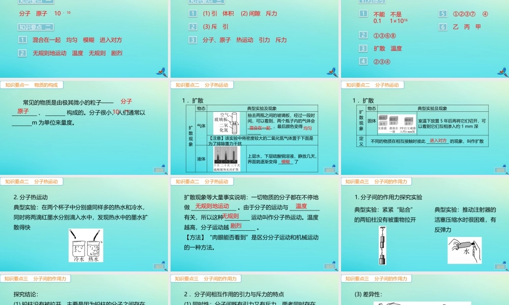 九年级物理全册 第13章 内能 第1节 分子热运动(小册子)习题讲评课件 (新版)新人教版 课件