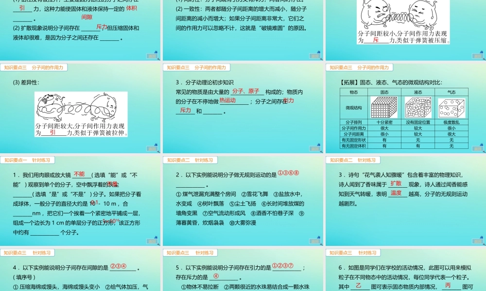 九年级物理全册 第13章 内能 第1节 分子热运动(小册子)习题讲评课件 (新版)新人教版 课件