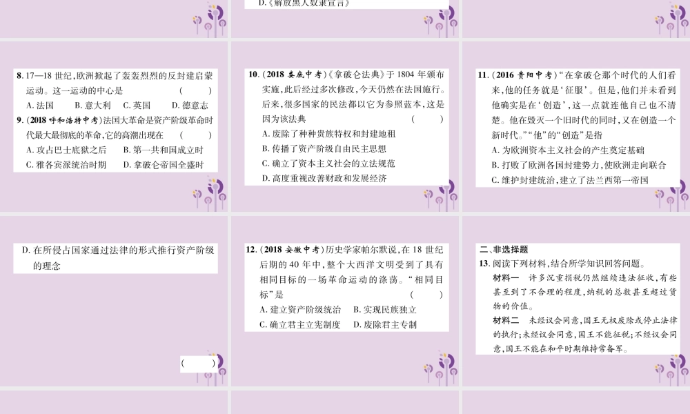 中考历史总复习 第一编 教材知识速查篇 模块三 世界近代史 第16讲 资本主义制度的初步确立(精练)课件