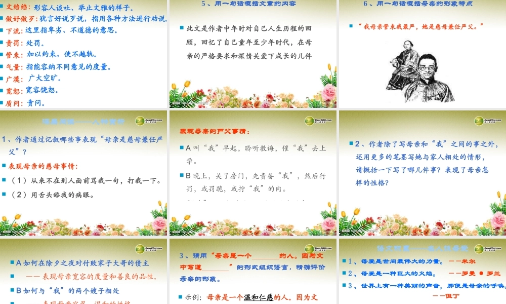 八年级语文下册 2.我的母亲(浅层阅读+深层阅读+语文积累)课件 新人教版 课件