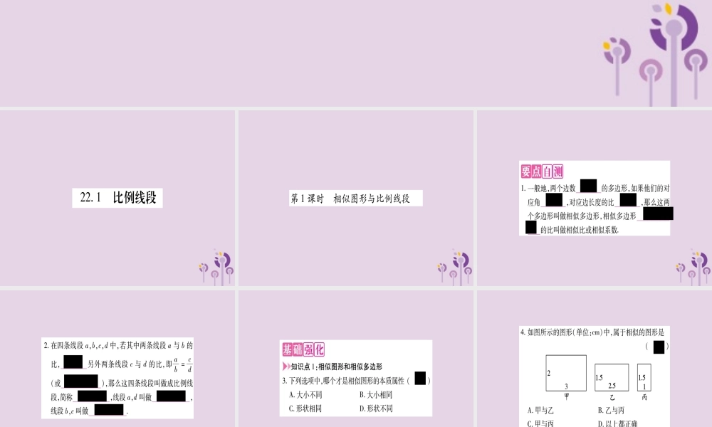 九年级数学上册 第22章 相似形 221 比例线段 第1课时 相似图形与比例线段作业课件 (新版)沪科版 课件