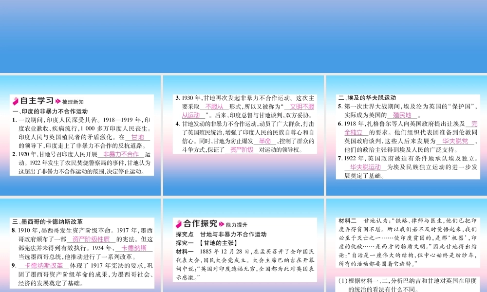 九年级历史下册 第3单元 第一次世界大战和战后初期的世界 第12课 亚非拉民族民主运动的高涨自主学习课件 新人教版 课件