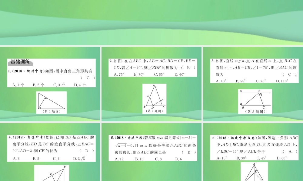 中考数学复习 第4章 图形的性质 第15课时 等腰三角形与直角三角形(精练)课件