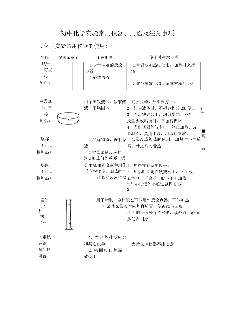 初中化学实验常用仪器、用途及注意事项_第1页