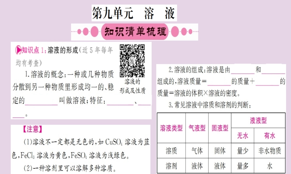 云南省中考化学一轮考点复习 第九单元 溶液课件