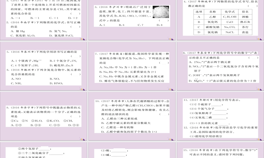 中考化学总复习 第一轮复习 系统梳理 夯基固本 第8讲 化学式和化学价练习课件