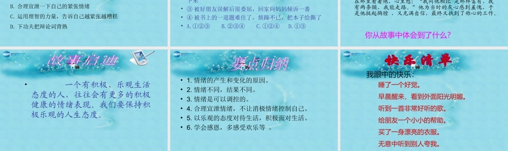 中学七年级政治上册(第六课 第二框 善于调控情绪)课件 新人教版 课件