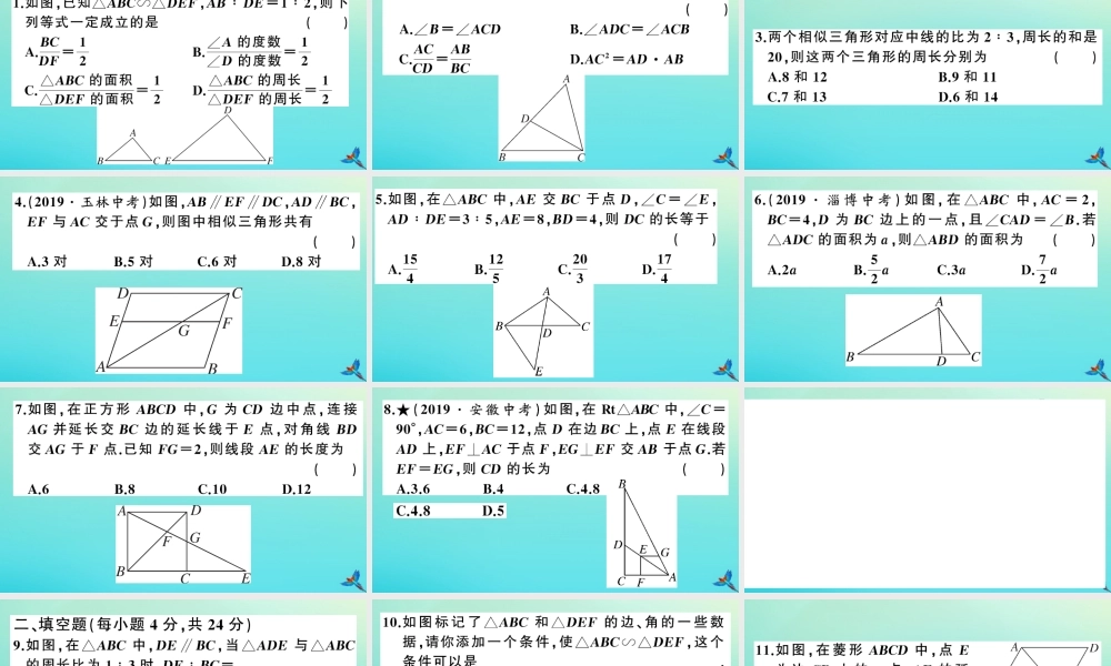 九年级数学上册 第22章 相似形 综合滚动练习：相似三角形的判定和性质作业课件 (新版)沪科版 课件