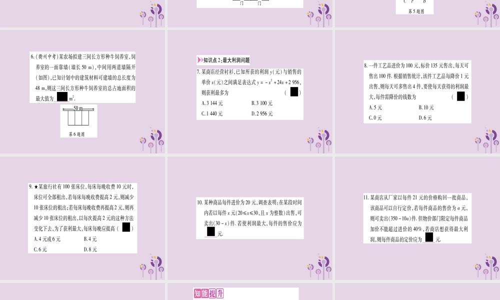 九年级数学上册 第21章 二次函数与反比例函数 214 二次函数的应用 第1课时 最值问题作业课件 (新版)沪科版 课件