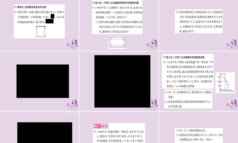 九年级数学上册 第21章 二次函数与反比例函数 214 二次函数的应用 第1课时 最值问题作业课件 (新版)沪科版 课件
