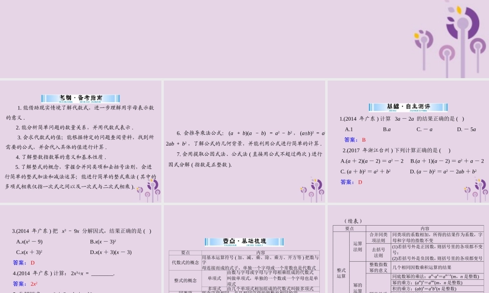 广东省中考数学复习 第一部分 中考基础复习 第一章 数与式 第2讲 整式与分式 第1课时 代数式、整式与因式分解课件