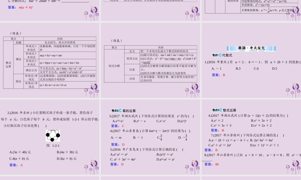 广东省中考数学复习 第一部分 中考基础复习 第一章 数与式 第2讲 整式与分式 第1课时 代数式、整式与因式分解课件