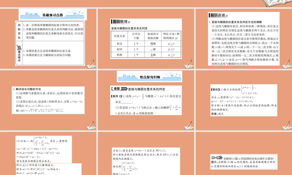 数学 第二章 圆锥曲线与方程 2.2.2 椭圆的简单几何性质 第2课时 椭圆方程及性质的应用教学课件 新人教A版选修2 1 课件