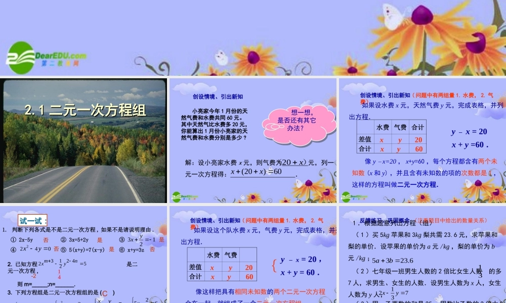 七年级数学下册 2.1二元一次方程组课件 湘教版 课件