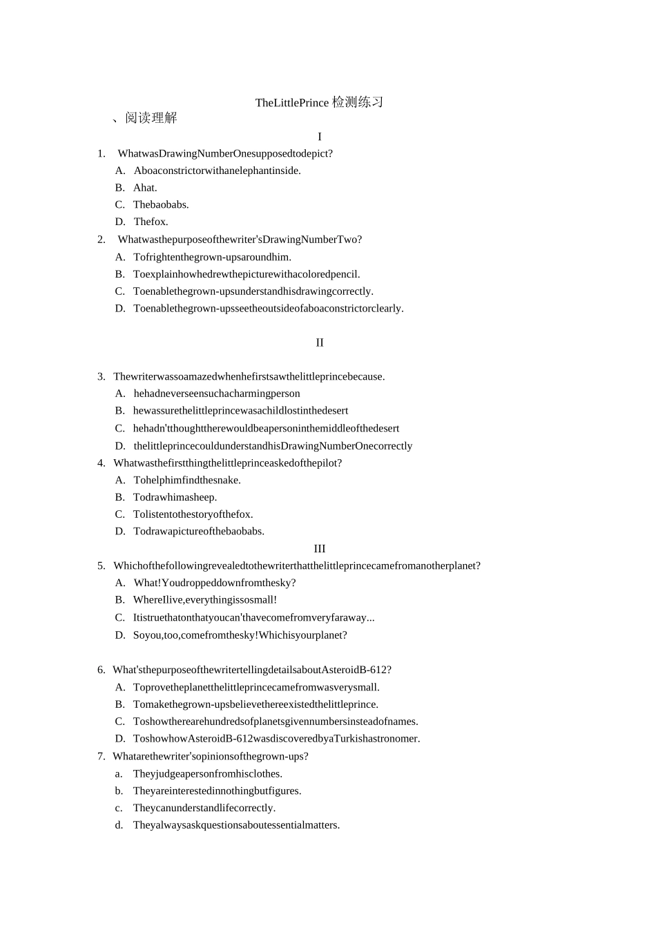 小王子英语练习及答案 阅读完型缺词_第1页