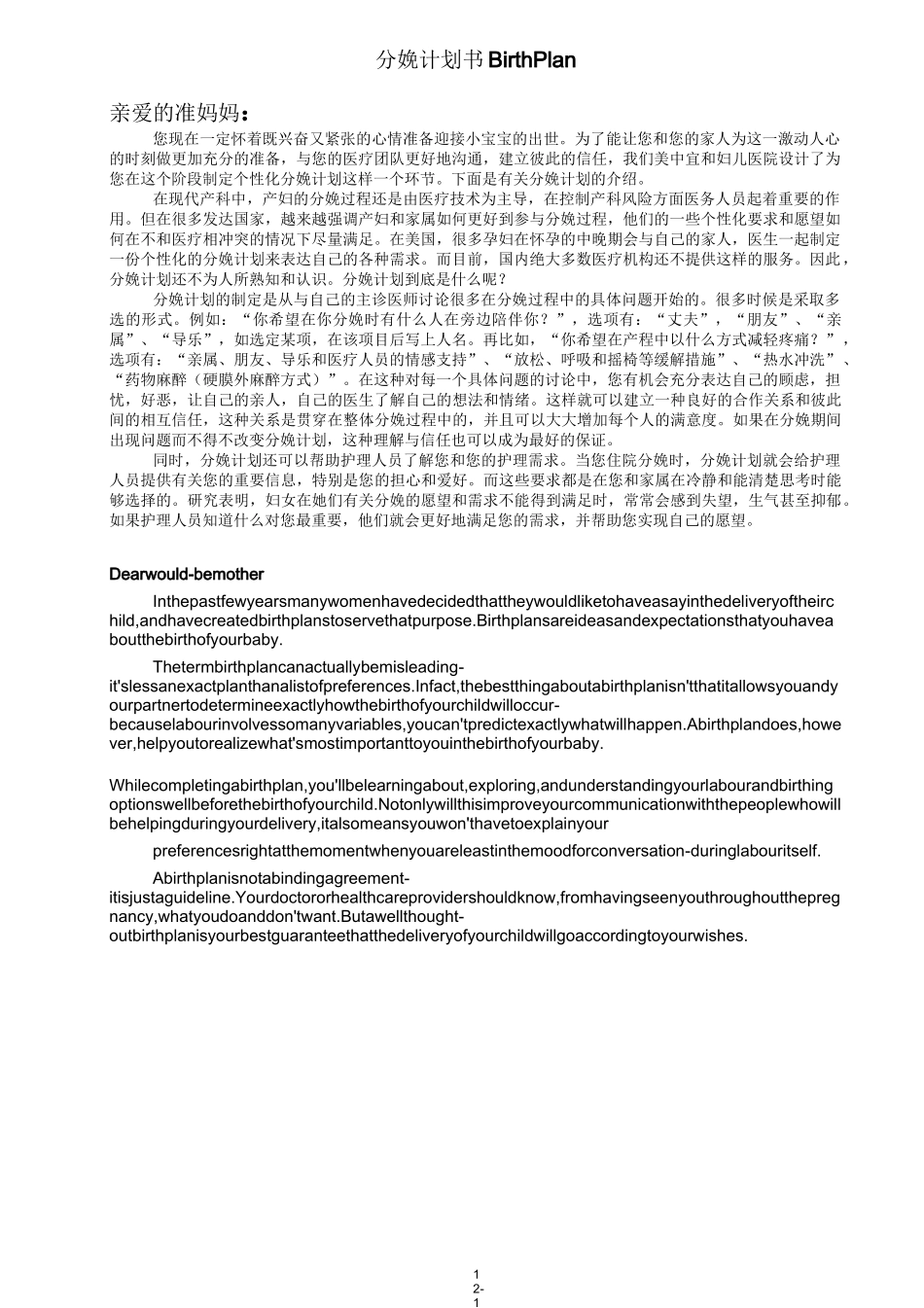 分娩计划书Birth Plan_第1页