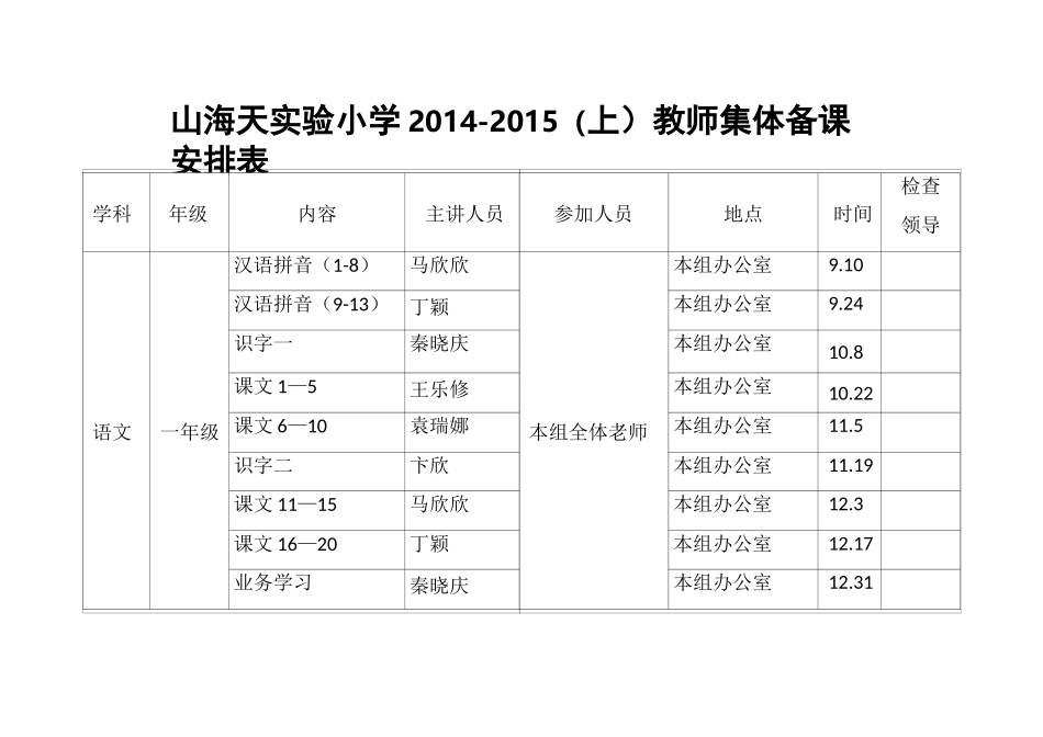 小学集体备课安排表_第1页