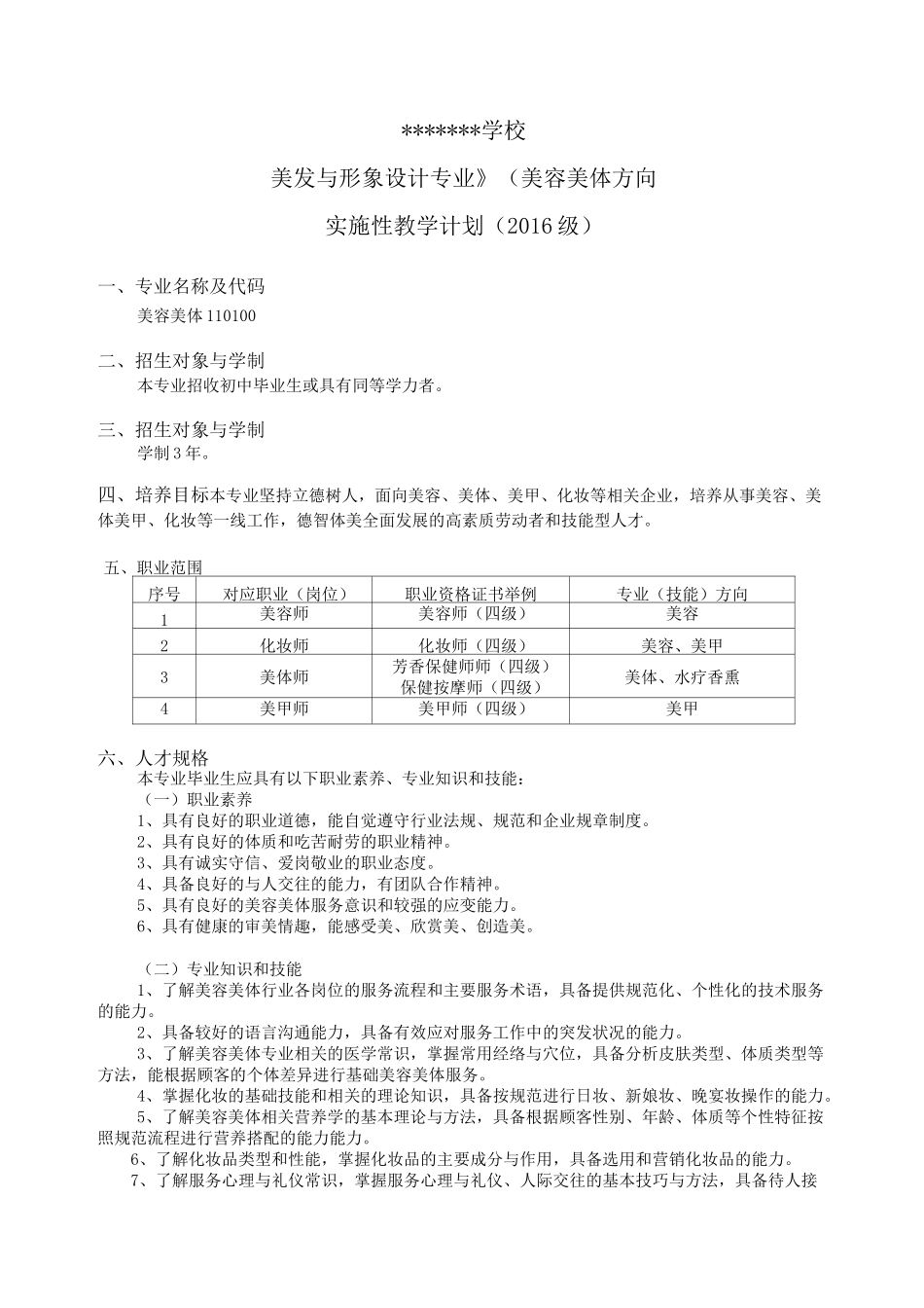 形象设计(美容美体)实施性教学计划_第1页