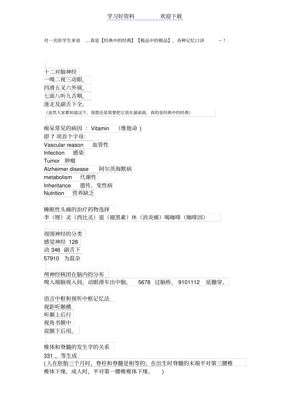 医学生各种记忆口诀!_第1页