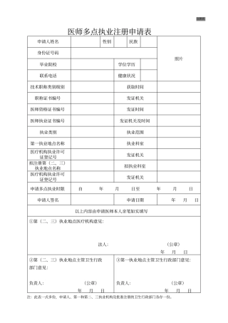 医师多点执业注册申请表