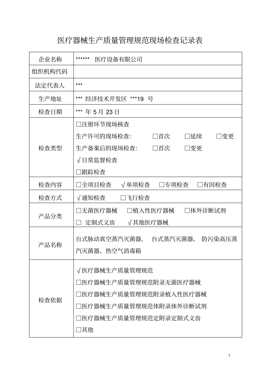医疗器械生产质量管理规范现场检查表汇总_第1页