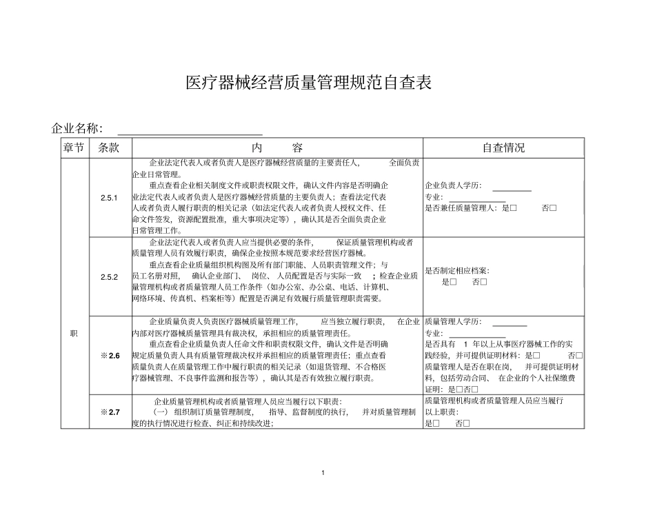 医疗器械经营质量管理规范自查表资料_第1页