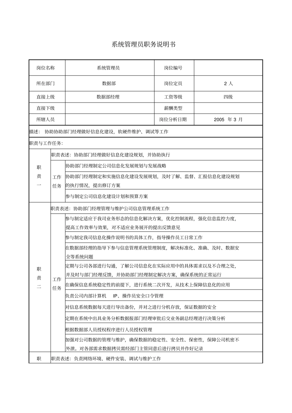 医药公司系统管理员职务说明书_第1页