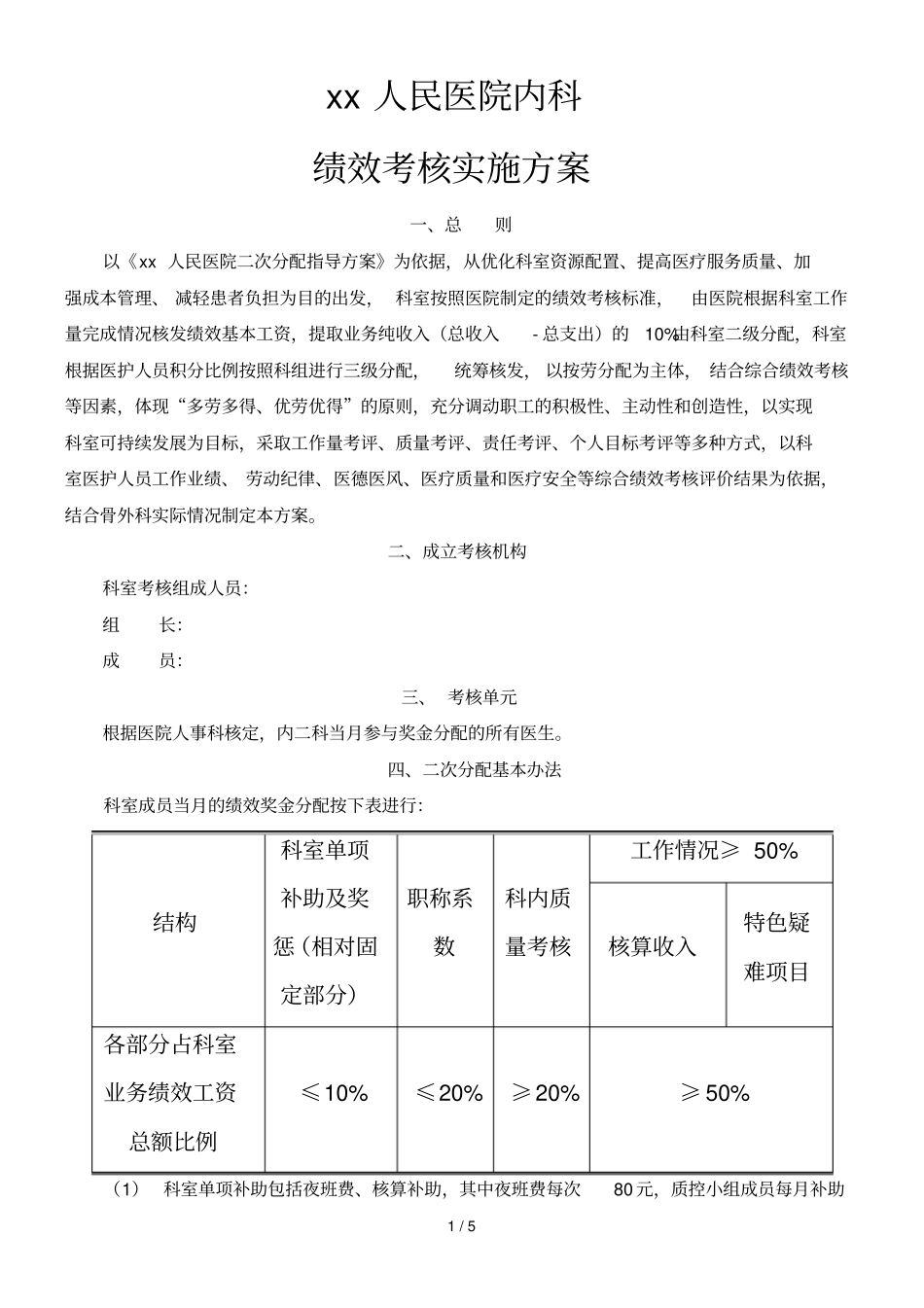 医院内科科室二次绩效分配考核技术方案_第1页