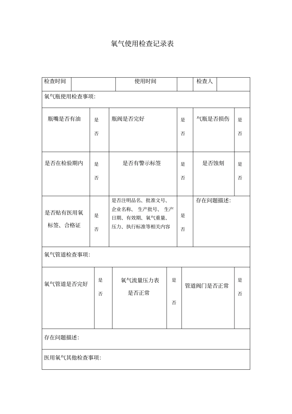 医院单位氧气使用检查记录表_第1页