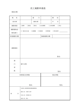 医院员工离职申请表
