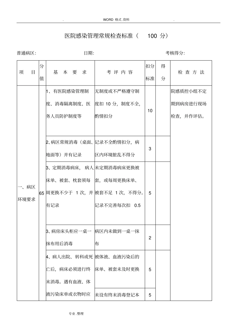 医院感染管理常规检查标准_第1页