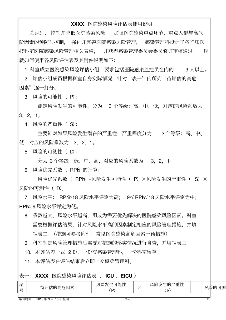 医院感染风险评价表使用说明8p_第2页