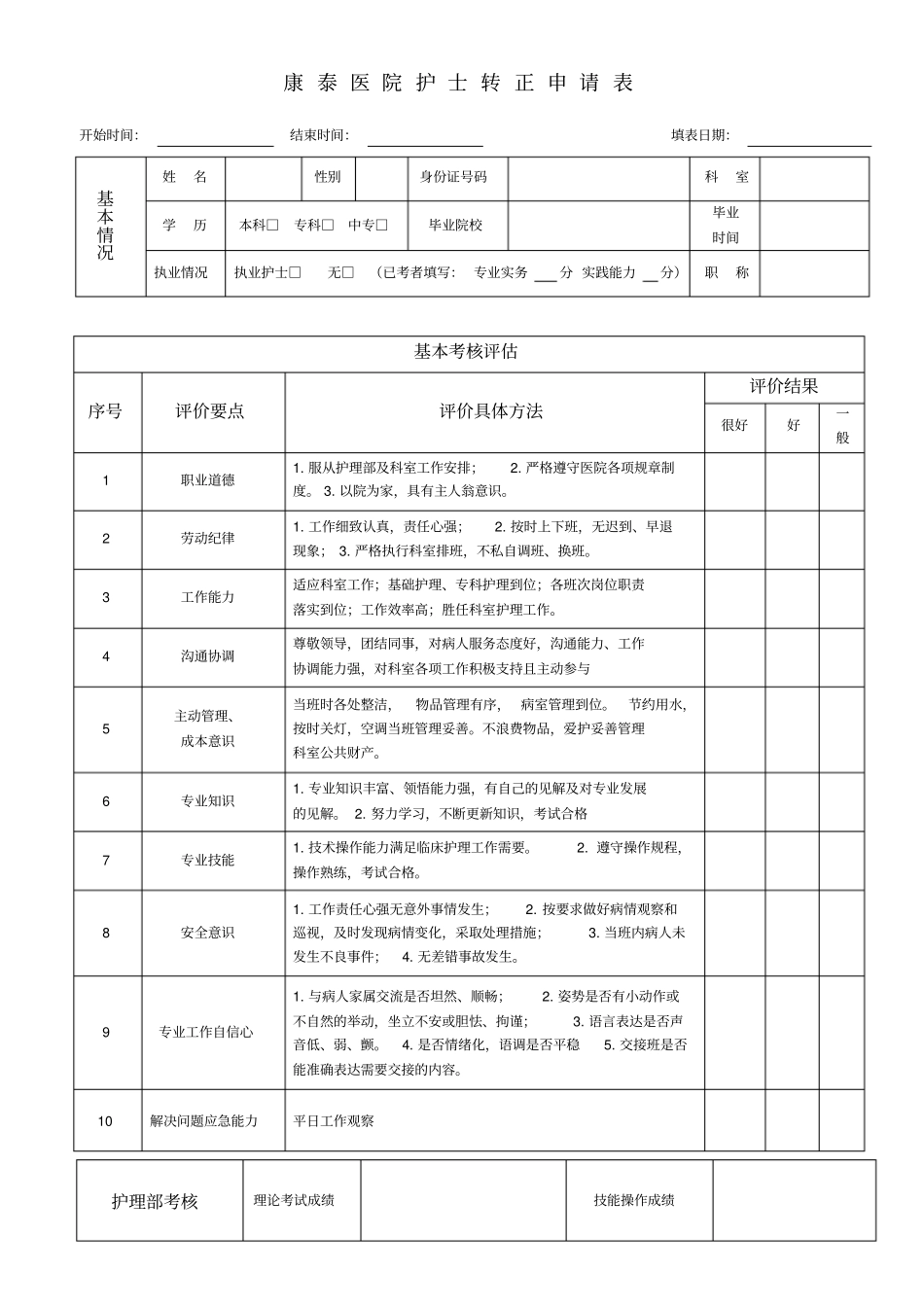 医院护士转正考核表_第1页