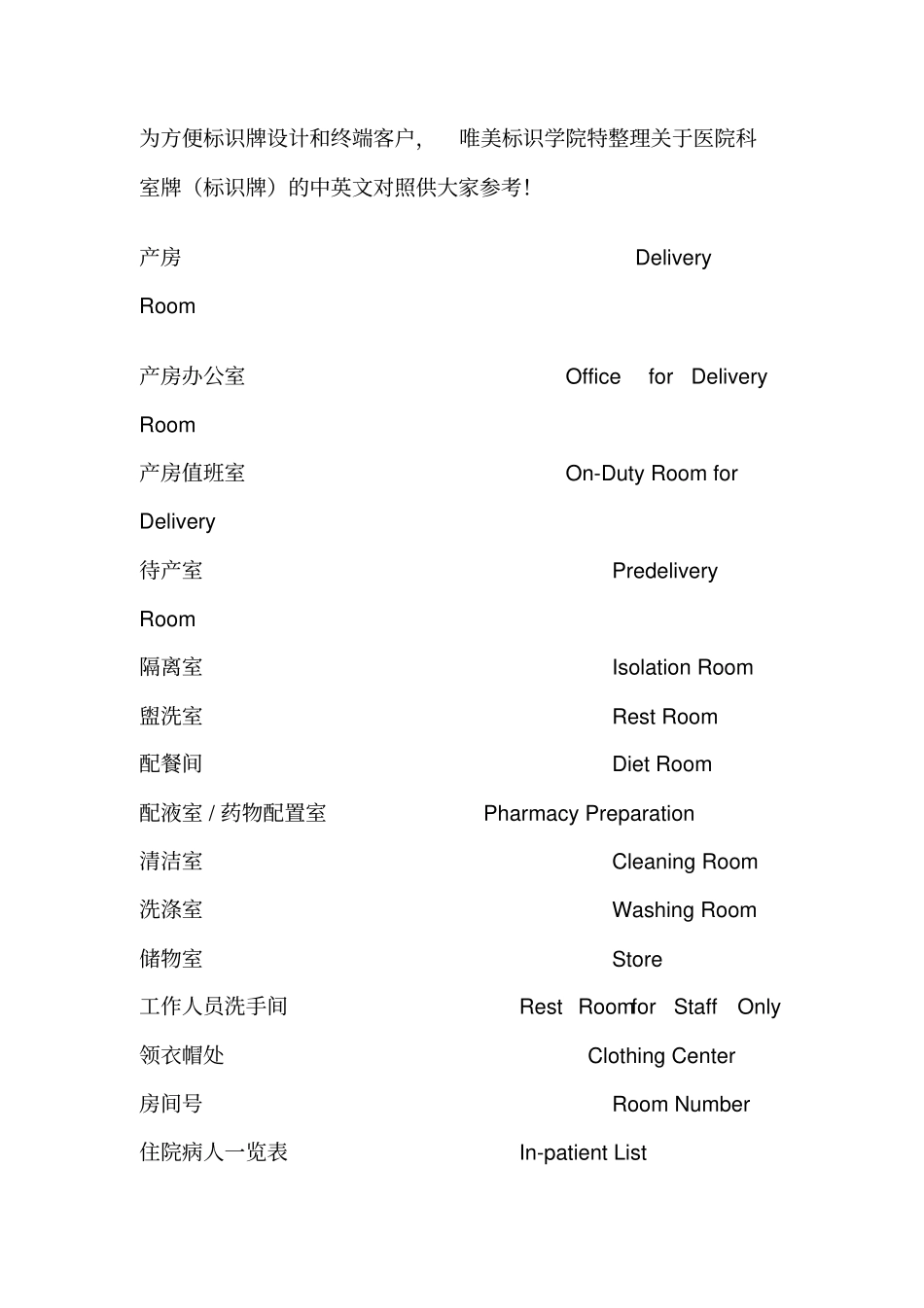 医院科室牌标识牌的中英文对照_第1页