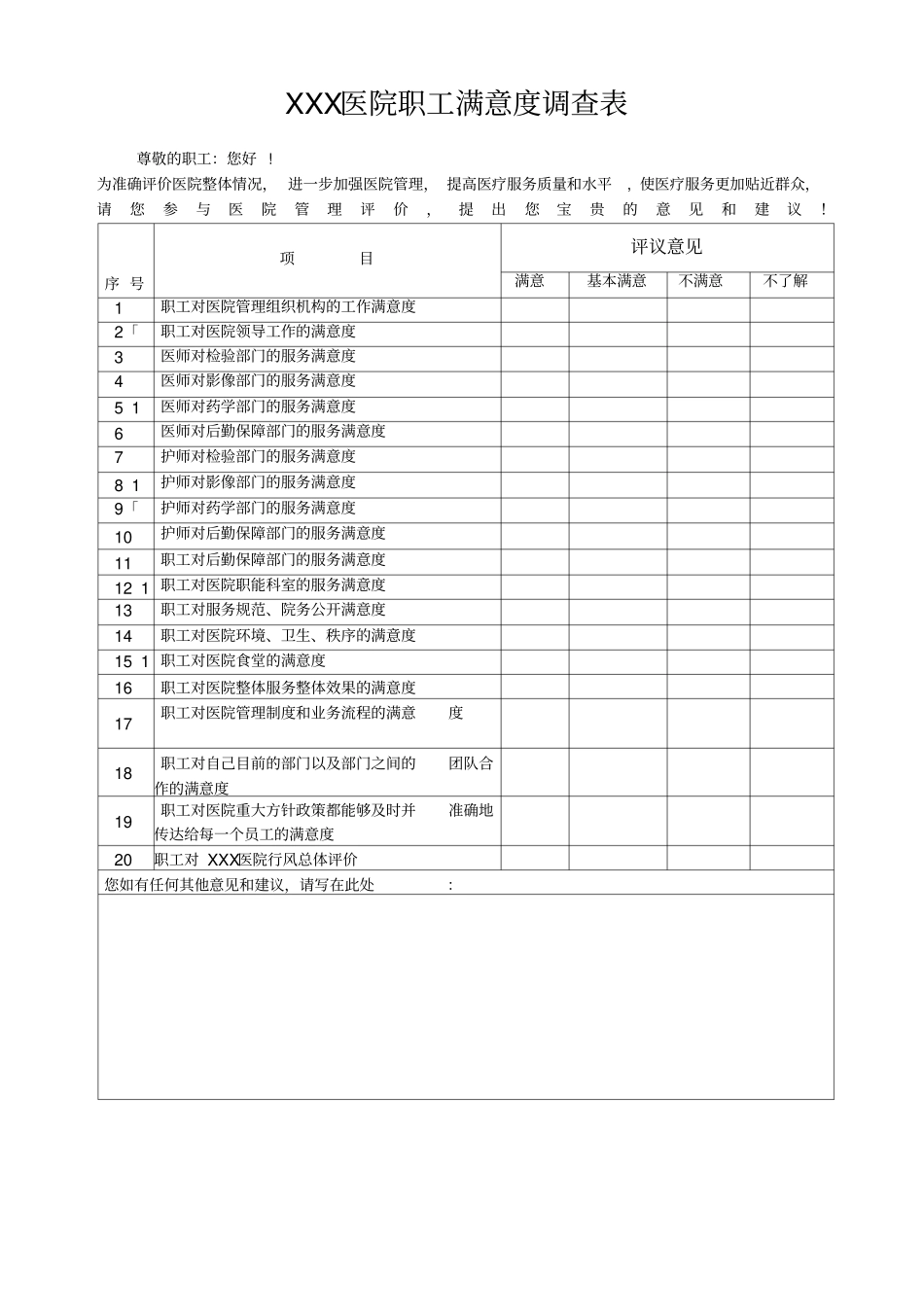 医院职工满意度调查表最新_第1页