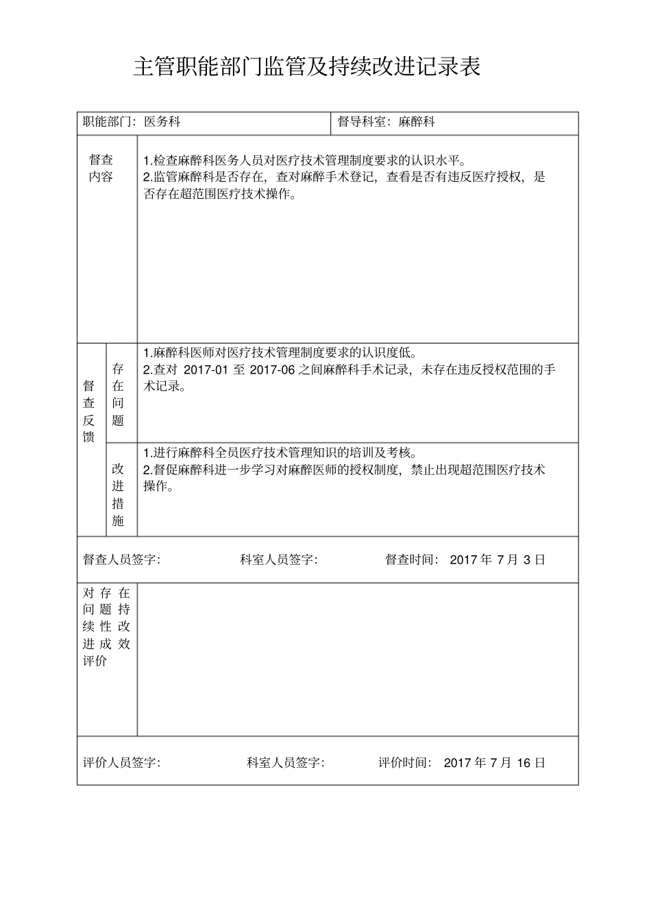 医院职能部门监管麻醉及持续改进记录表_第2页