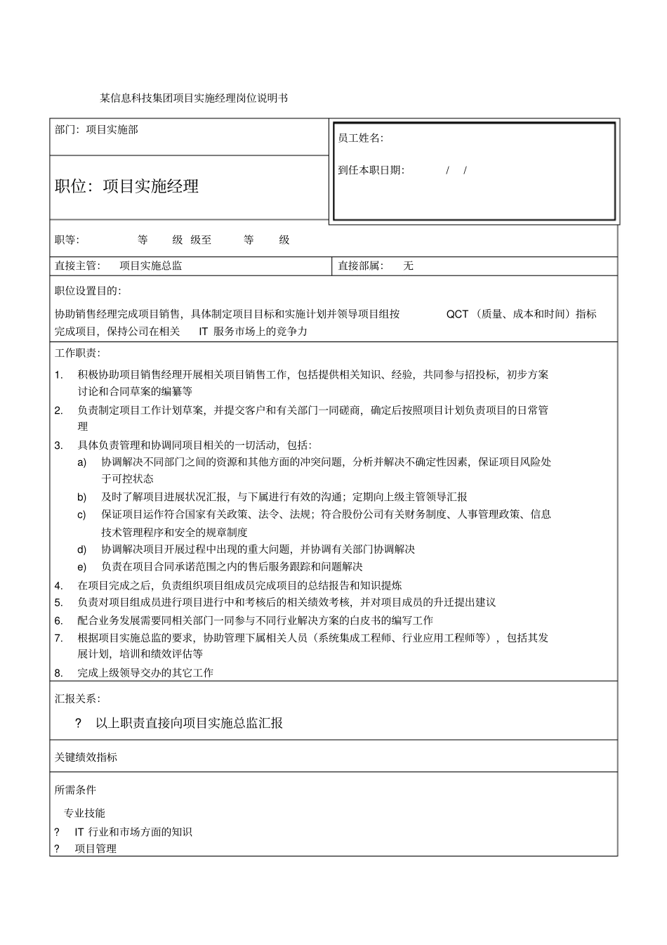 华为项目实施经理岗位说明书_第1页