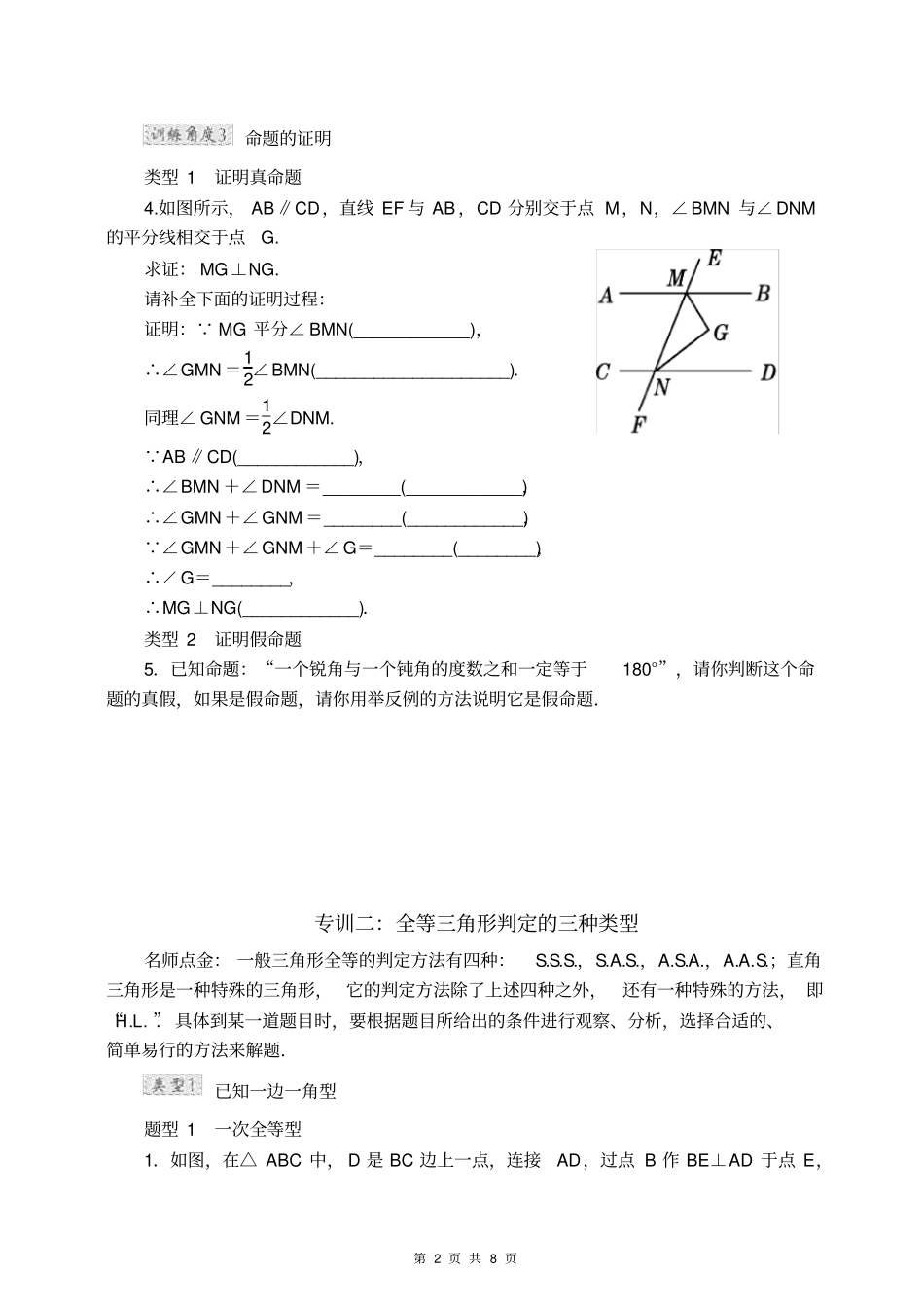 华师大版八年级上册数学全等三角形重难点专训_第2页