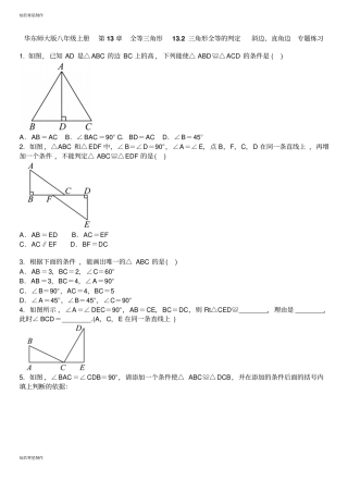 华师大版八年级数学上册全等三角形12三角形全等的判定斜边、直角边专题练习