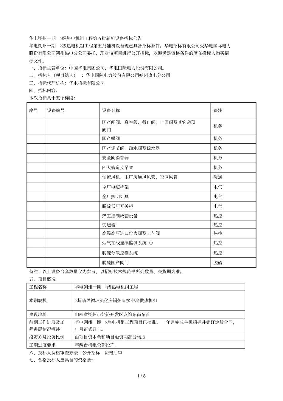华电一期2300mw级热电机组工程第五批辅机设备招标_第1页