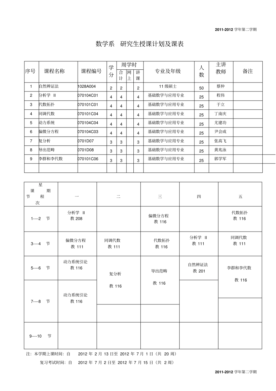 南京大学数学系研究生课表_第1页