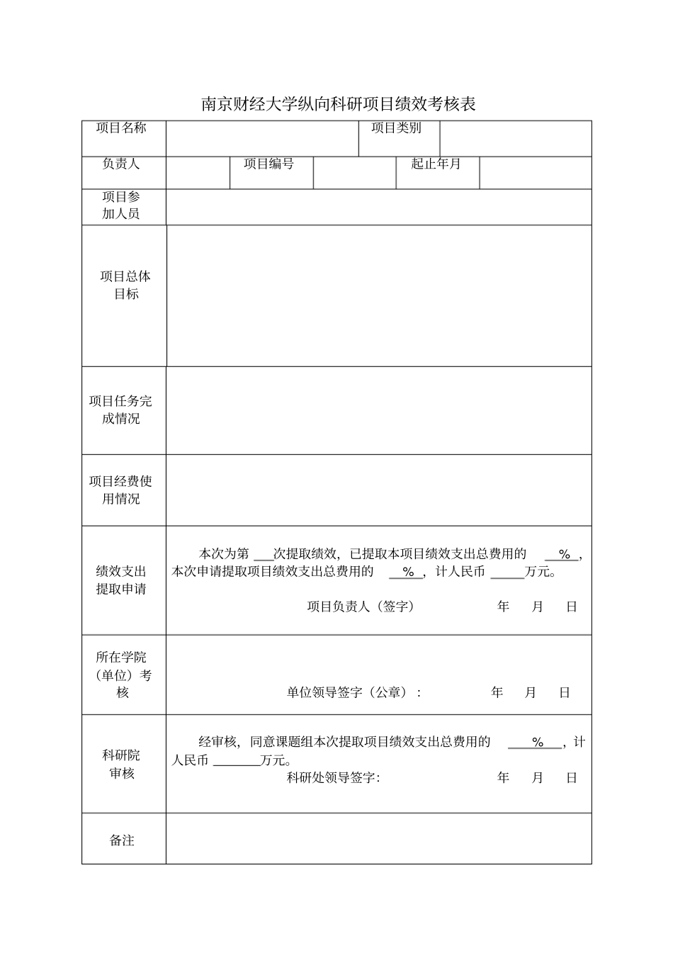 南京财经大学纵向科研项目绩效考核表_第1页