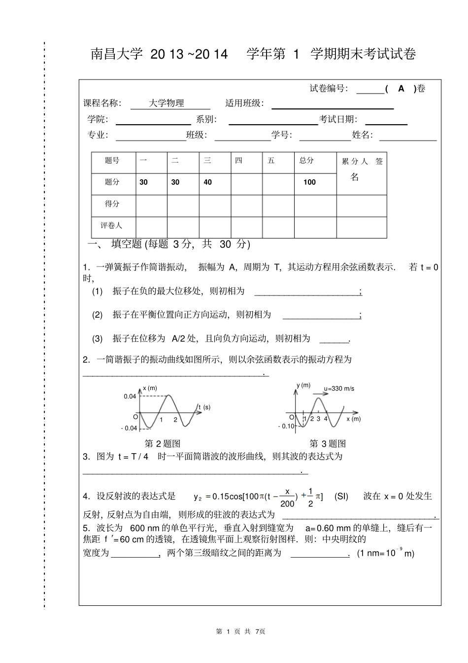 南昌大学大学物理期末试卷_第1页