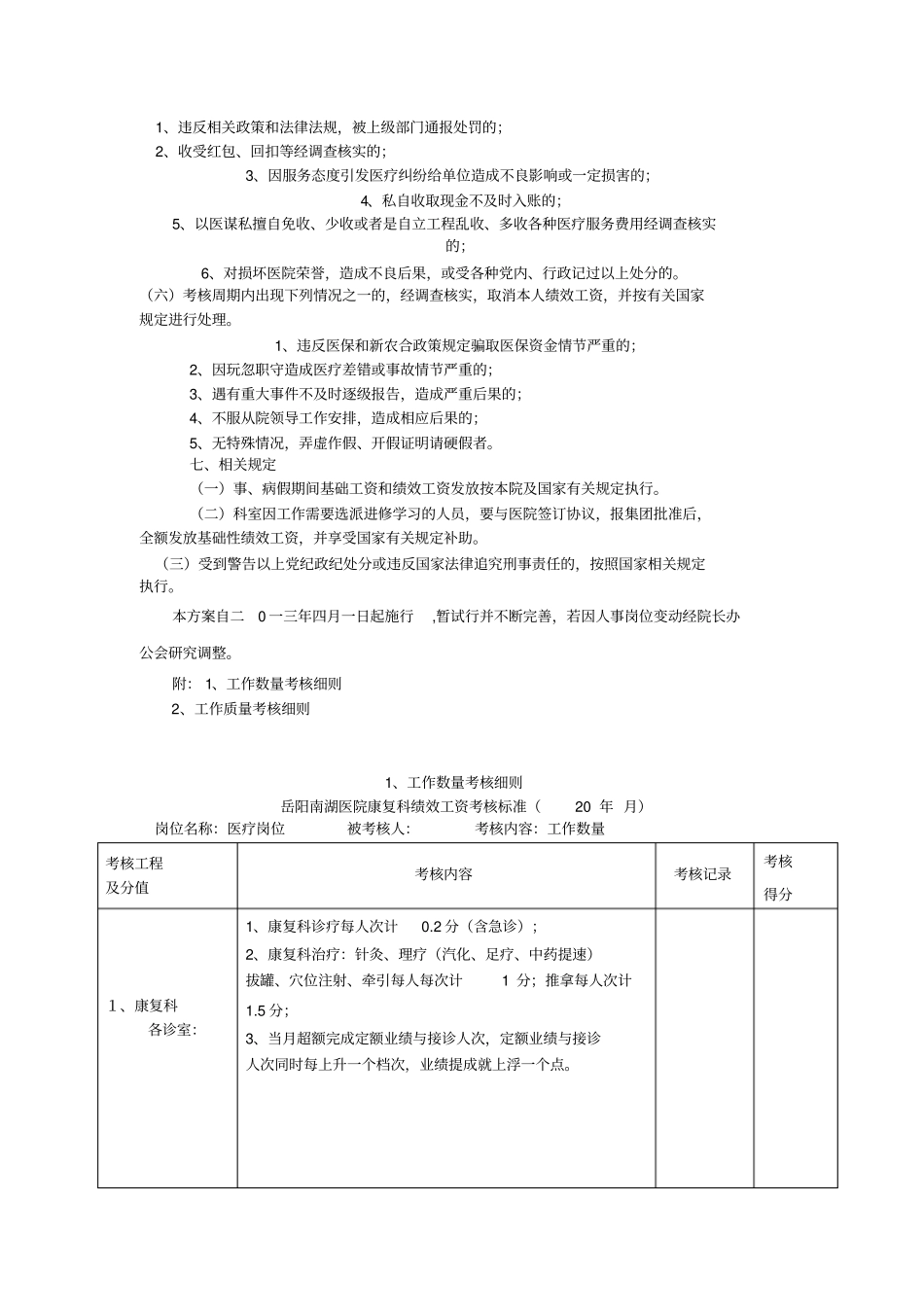 南湖医院康复科绩效工资考核分配方案_第3页