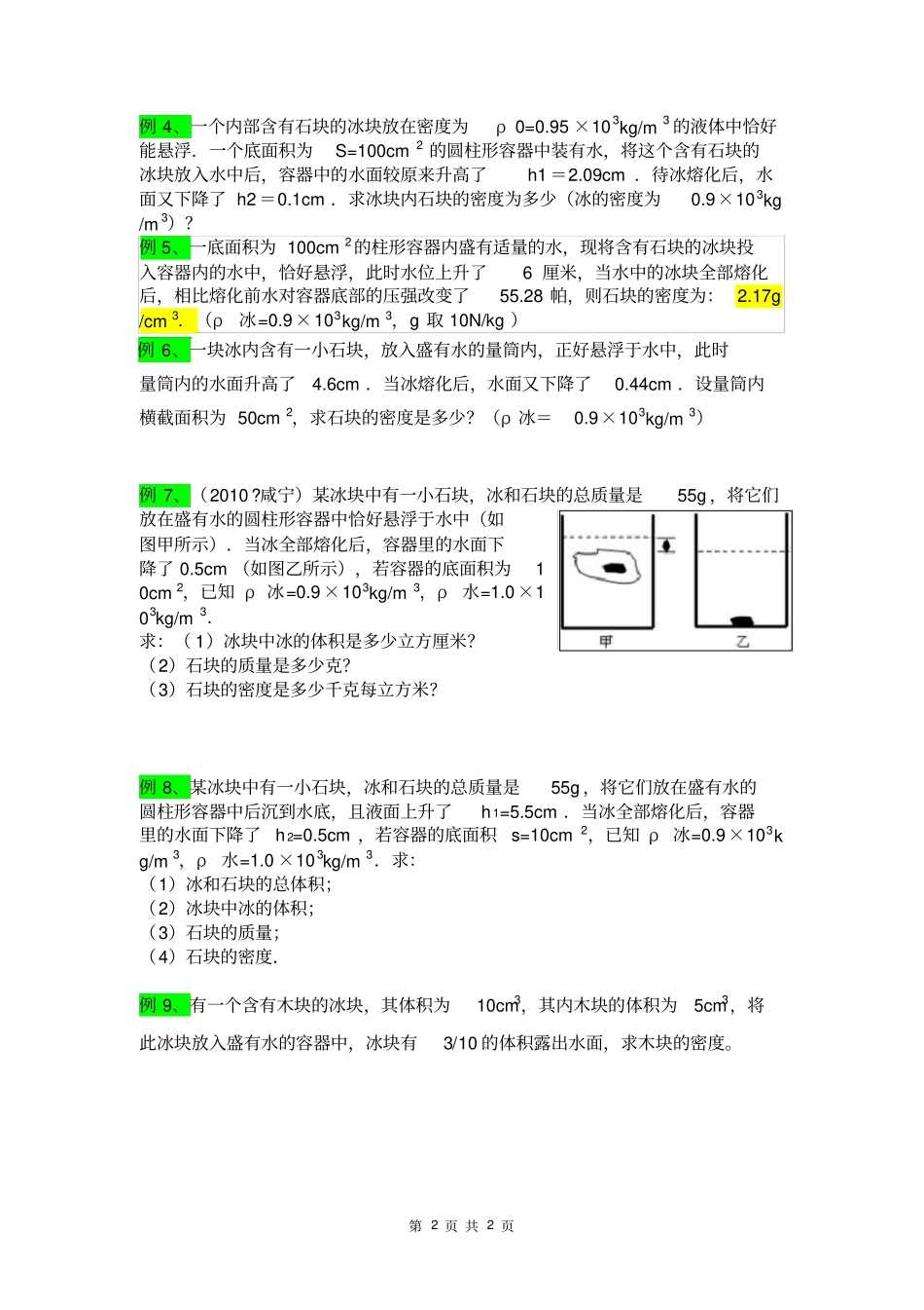 压强与浮力常见题型十：冰中含有石块或木块的问题_第2页