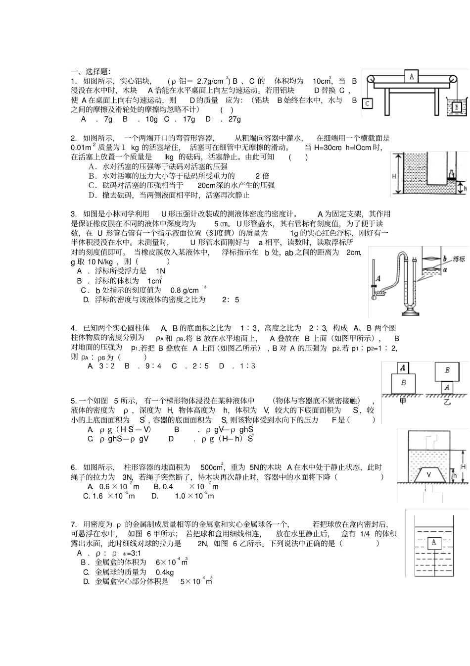 压强浮力难题精选附答案_第1页