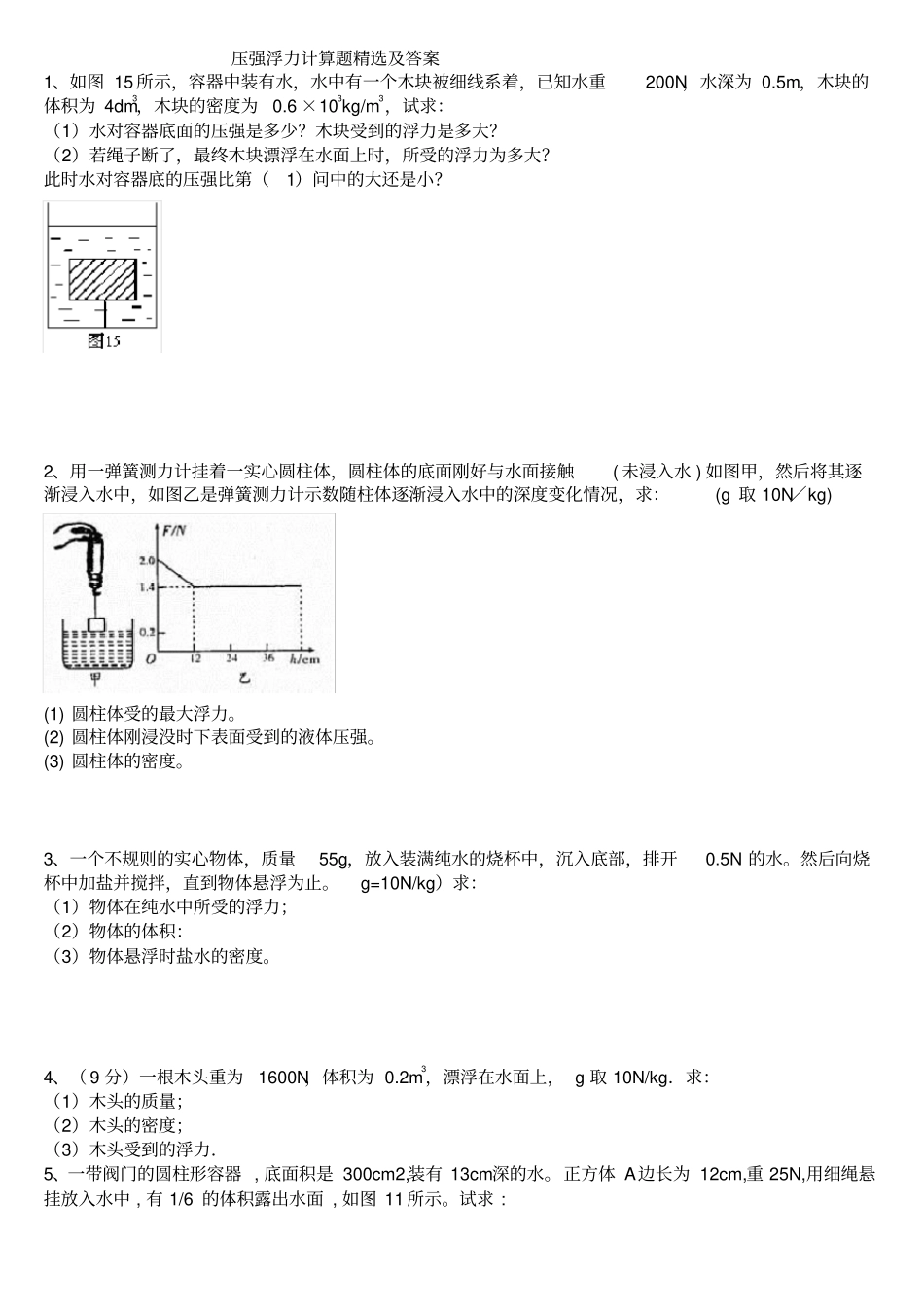 压强浮力计算题精选与答案_第1页