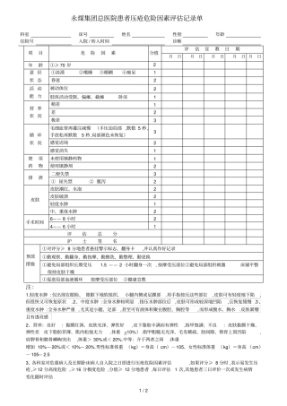 压疮风险评价表